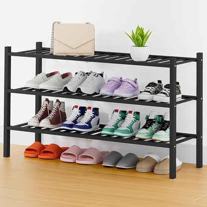 Smiry Long Bamboo Shoe Rack, 3 Tier Free Standing Wooden Shoe Organizer, Stackable Wood Shoe Storage Shelf for Closet, Entryway, 14 Vertical Slats, 2+1 Stack Heavy-Duty Legs, 33.7"x11"x19.5", Black