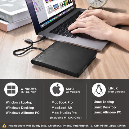 ROOFULL External CD DVD +/-RW Drive for Laptop Mac, USB 3.0 & USB-C CD DVD Disc Reader Writer Burner CD-ROM Portable DVD Player with Carrying Case for Windows 11/10 PC MacBook Pro Linux Computer