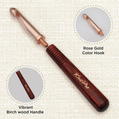KnitPro Oasis Chunky Crochet Set - 1 Wooden Handle, 7 Hooks in Sizes 5.5mm to 10mm, 1 Rose Gold Scissors, 1 Tape Measure, 10 Metal Locking Stitch Markers, 1 Gripper