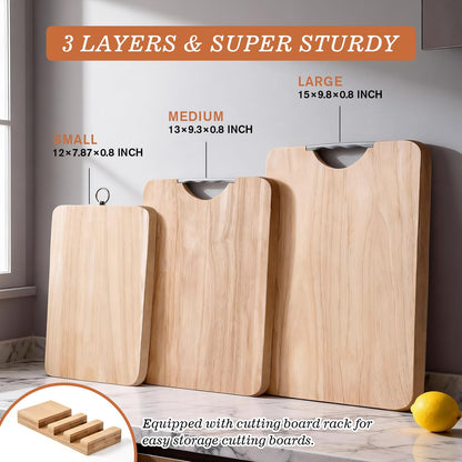 YeadCedle Wooden Cutting Board Set of 3 with Holder Maple Chopping Boards for Kitchen, Thick Large Cutting Board (12x7.8 to 15x9.8 Inch) Easy to Clean for Meat Vegetables Cheese