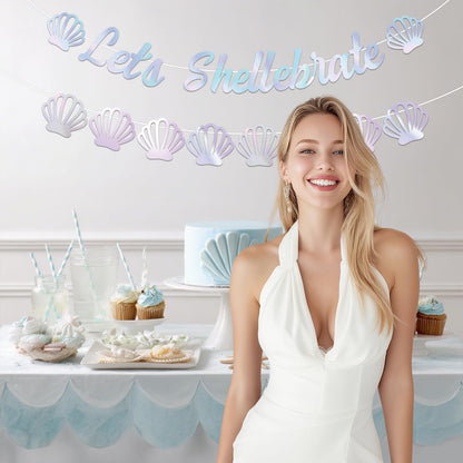 Let's Shellebrate Banner Iridescent Sea Shell Party Banner Under the Sea Mermaid Shell Garland for Girls Women Birthday Baby Shower Coastal Bachelorette Party Wedding Supplies