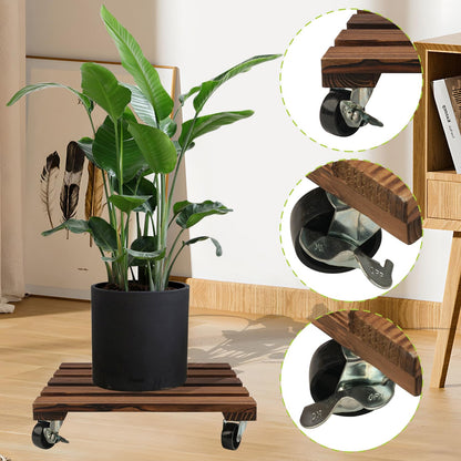 Yiksonyo 12 Inch Wooden Plant Caddy with Wheels, 4 Pack Rolling Plant Stand, Heavy Duty Indoor Outdoor Use, 360° Lockable Casters, Brown, Supports 132 lbs