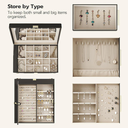 HOOBRO Jewelry Box with Mirror and 5-Tier Jewelry Box Bundle, Travel Jewelry Organizer with Glass Window, Jewelry Storage Box with 2 Vertical Drawers, BK03JB04G2-BH19JB04