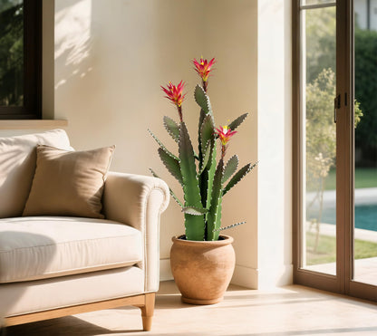 SUNPRAIRIE 33 Inch Large Artificial Cactus with Magenta Flowers in Pot with Natural Gravel. Satin Finish Leaves with Real Look and Feel. Outdoor and Indoor Faux Plants.