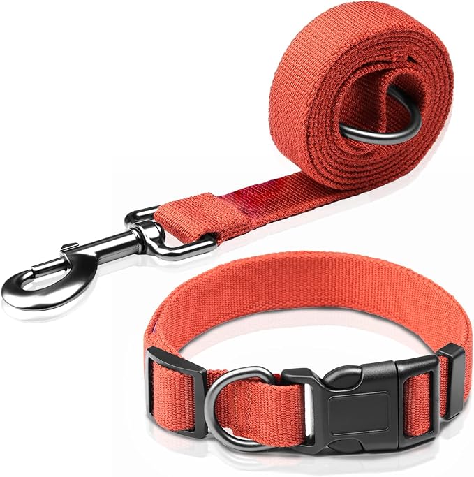 Orange Dog Collar and Leash Set for Small Dogs Soft and Breathable of 90% Rayon from Bamboo and 10% Polyester Comfortable Skin-Friendly, Adjustable Leash Set with Quick Release Buckle