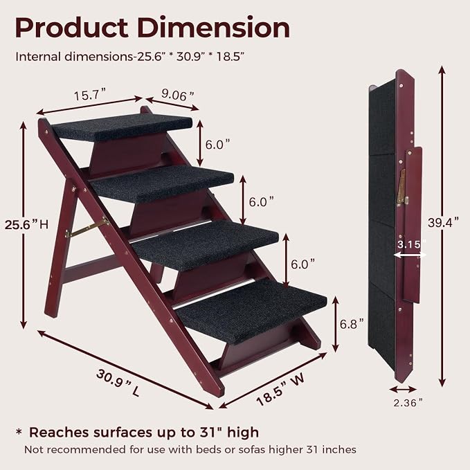 BRIKY Wooden Dog Stairs/Steps - Foldable 4 Steps Dog Steps for High Bed Couch Cars, Non-Slip Pet Stairs for Small Large Medium Dogs and Cats, No Assembly Required