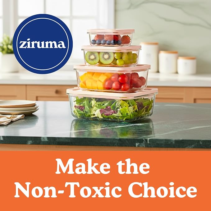 Ziruma Non-Toxic Glass Food Containers with Lids, 4-Pack, Multi-Size, Beige | Plastic & BPA free. Glass body, glass lid & platinum silicone seal. Airtight & leakproof. Freezer & microwave safe.