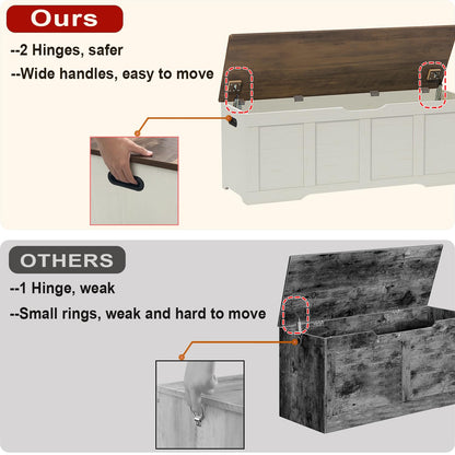 Timberer 47.2" Storage Chest, Extra Large Storage Trunk with 2 Safety Hinges, Wooden Storage Bench, Shoe Bench, Entryway Bench for Living Room, Bedroom, Brown and Rustic White