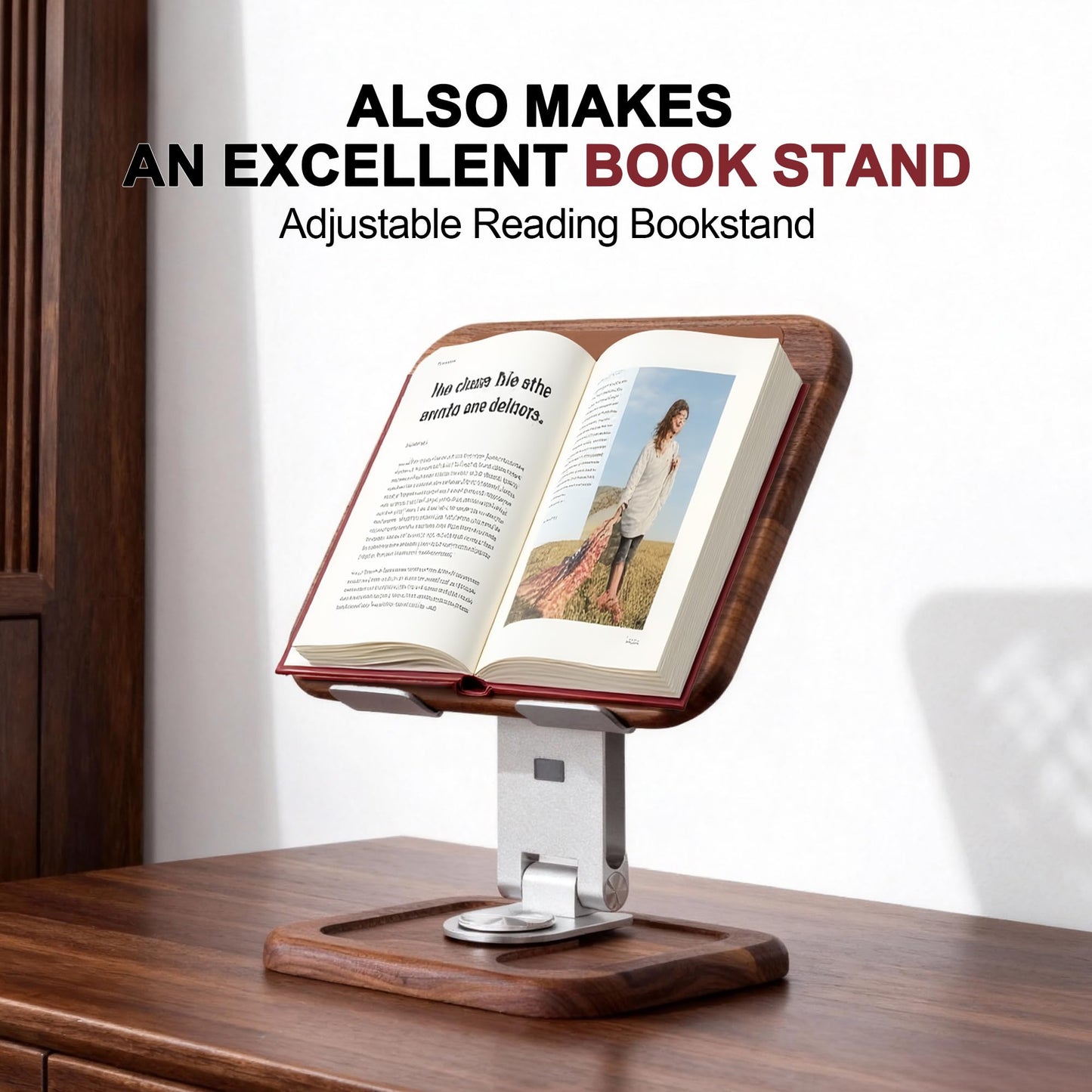 TlaroRiz Walnut-Wooden Laptop Stand for Desk, Adjustable Height & Angle with 360° Aluminum Alloy Swivel Base, Wood Laptop Stand Compatible with MacBook Pro, All Laptops 10-17", Brown