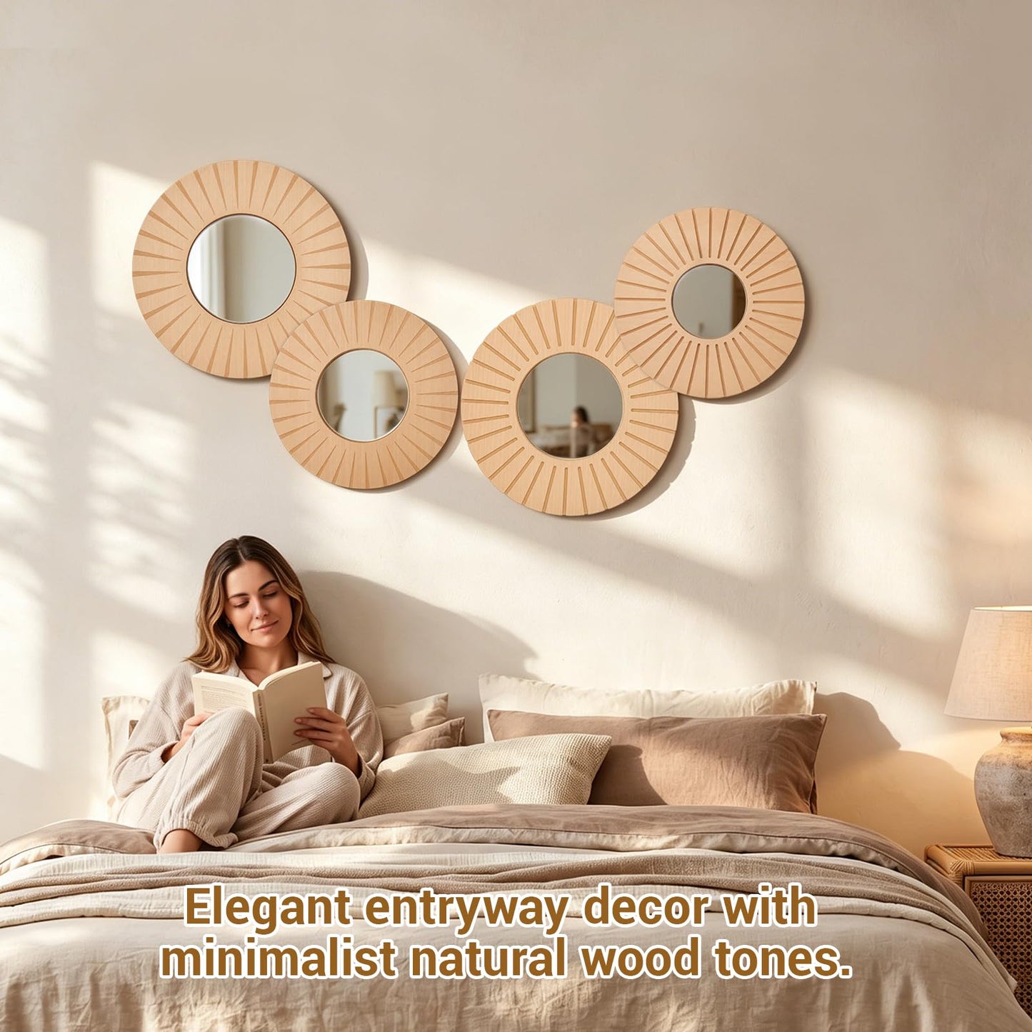 Yerliker 4 Pack Hanging Wooden Wall Art Decor, 12" 10" Wall Mounted Round Mirror with Wooden Frame, Rustic Farmhouse Boho Accent Home Decor Set for Bedroom Living Room Entryway Dining Room Nursery