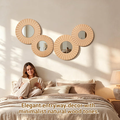 Yerliker 4 Pack Hanging Wooden Wall Art Decor, 12" 10" Wall Mounted Round Mirror with Wooden Frame, Rustic Farmhouse Boho Accent Home Decor Set for Bedroom Living Room Entryway Dining Room Nursery