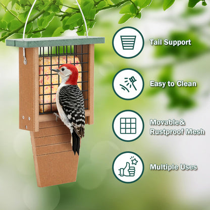 Gtongoko Recycled Plastic Suet Bird Feeder for Outside Hanging, Woodpecker Suet Feeder with Tail Prop, Hanging Suet Holder Birdfeeders, 1 Pack, Green