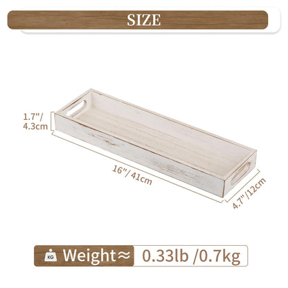 Hanobe Decorative Wooden ServingTray: Rustic Long Narrow Centerpiece Farmhouse Wood Candle Holder Trays with Cutout Handles Rectangular Coffee Table Tray for Living Room Kitchen Home Decor, White