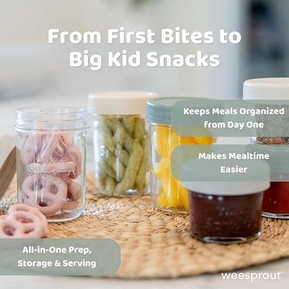 WeeSprout Baby Food Storage Glass Jars w/Lids (4 oz, 6 Pack) Pastel Variety, Snack, Reusable Small Containers, Fridge or Freezer, Microwave & Dishwasher Safe, Essentials for Infants