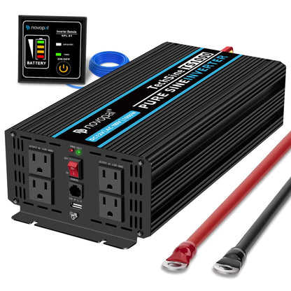 NOVOPAL 1000W Pure Sine Wave Power Inverter 1000 Watt 12V DC to 110V 120V AC,4 AC Outlets, 1 x USB Ports for Off-Grid Solar Car RV Truck Boat with 16FT Wired Remote