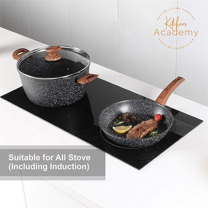 Kitchen Academy Induction Cookware Sets - 12 Piece Pots and Pans Set Non Stick, Black Granite Nonstick Cooking Pan Set(PFOS, PFOA Free)