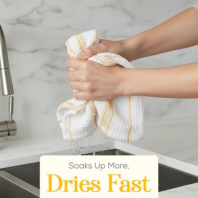 MosJos Kitchen Towels Set of 4 Dish Towels Yellow n White Waffle Weave Cotton