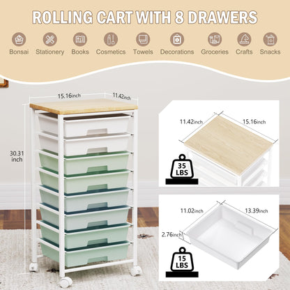 Rolling Cart with 8 Drawers, Storage Drawers Cart with Wooden Tabletop and Lockable Wheels, Craft Storage for Living Room, Office, Classroom, Craft Room, Bedroom
