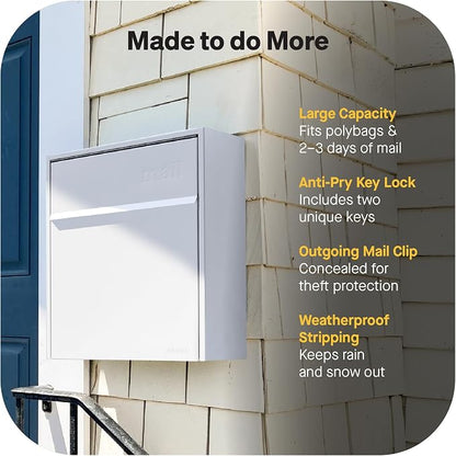 Adoorn Lockable Wall Mount Mailboxes for Outside - Large Anti-Theft Locking Mailbox for Letters - Weatherproof Construction - Durable Steel - 18.5" H x 15" L x 7.5" D - White