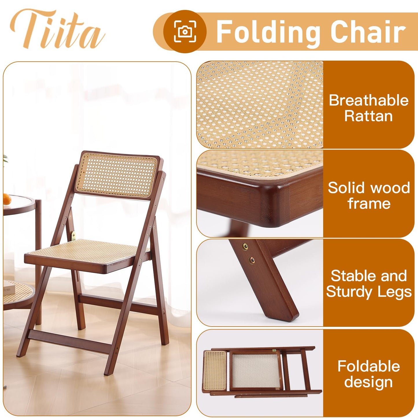 Tiita Rattan Dining Chairs Set of 1, Mid Century Modern Folding Chair, Bamboo Folding Dining Chairs for Small Space, Dining Room, Living Room, Bedroom, Walnut