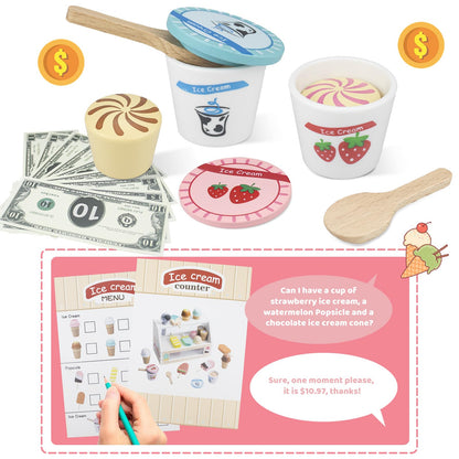 Wooden Ice Cream Toys – 32 pcs Pretend Ice Cream Play Set with Scooper, Menu, Fake Money & Storage | Wooden Play Store Counter Shop & Toy Gift for Toddlers Girls Boys Ages 3 4 5 6 7 8