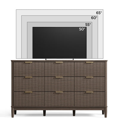 LINSY HOME Fluted Dresser for Bedroom with 9 Drawers, 58" Wide Mid Century Modern Dresser, Tall Boho Chest of Drawers, Large Wood Accent Storage Cabinet for Living Room, Curved Profile Design, Walnut