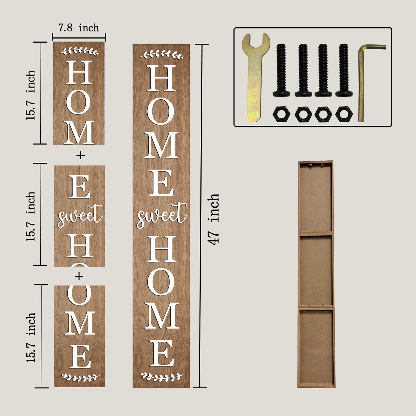 Home sweet home wooden porch sign Vertical hanging decorations Welcome sign front door standing Decorative sign 47x7.8Inch Plaques for Outside Yard Decor (Brown)