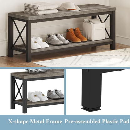 BON AUGURE Gray 3-Tier Console Table with Storage Shelves and Matching Entryway Bench for Hallway, Living Room or Foyer (Dark Grey Oak)