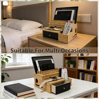 PERFECYEE Bamboo Charging Organizer for Multi-Devices, with Drawer and Pen Holder, Nightstand Desk Charging Stations Electronic Organizer for Cell Phone, Tablet, Etc (with 5-Cable, No USB Charger)