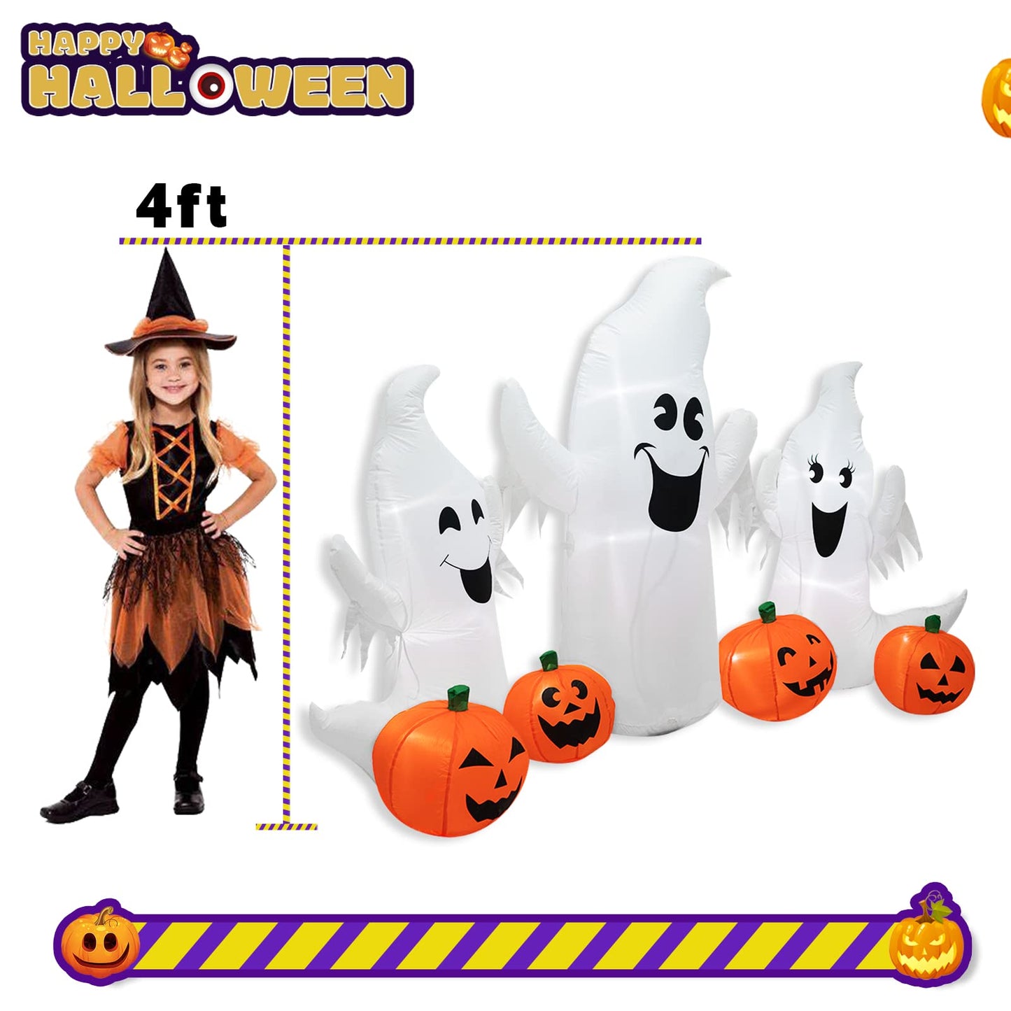inslife 7FT Length Halloween Inflatable Ghosts and Pumpkins, 3 Ghosts Inflatables with Led Lights for Home Yard Lawn Indoor Halloween Outdoor Decoration