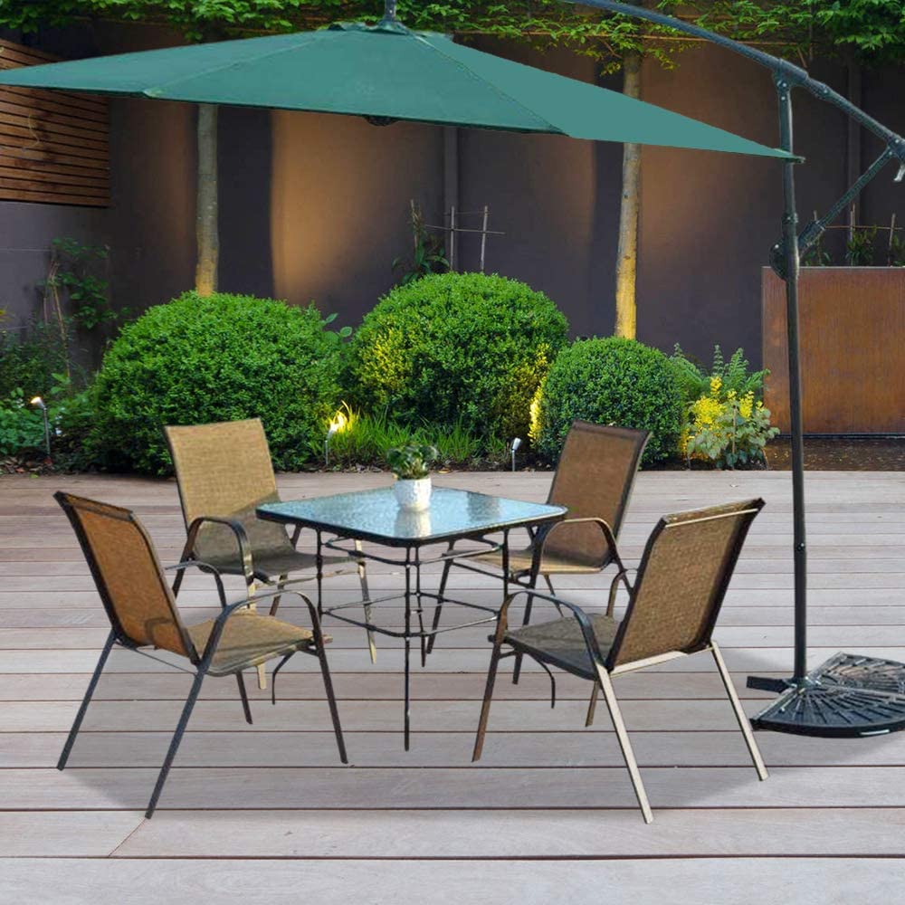VINGLI Glass Patio Table with Umbrella Hole, 32" Square Outdoor Dining Table Steel Tempered Glass Patio Tables Outdoor Tables for Balcony Garden Deck