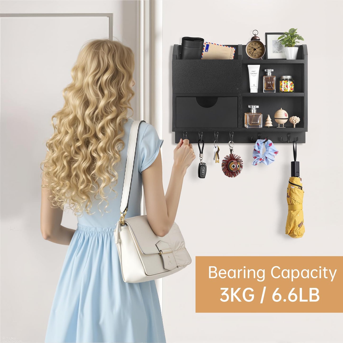 Key Holder Wall Mount, 14.5x11.2x3.5'' Larger 3-Tier Shelf 8 Hooks Drawer Storage,Wooden Key and Mail Holder for Wall,Farmhouse,Home,Living Room,House,Office Decor,Hats,Bag,Dog Leash Hanger Organizer