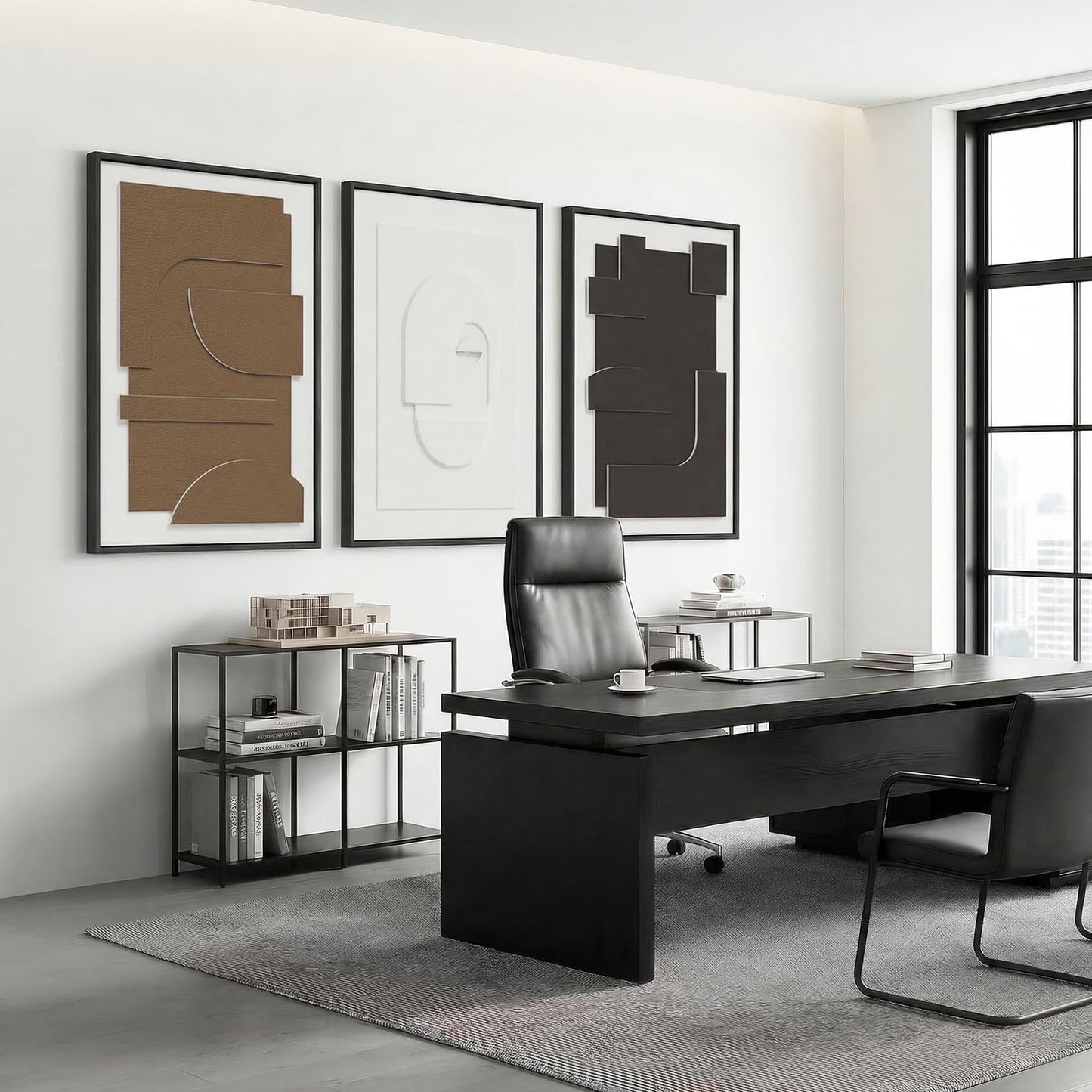 Vaskuro Extra Large Wooden Framed Sandstone Textured Wall Art, 3D Geometric Minimalist Abstract Neutral Decor, Black White Brown, Living Dining Room Office,3pcs,32x24in