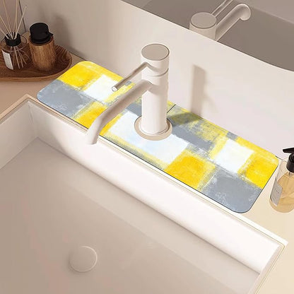 Grey and Yellow Abstract Kitchen Sink Splash Guard Mat Absorbent Fast Drying