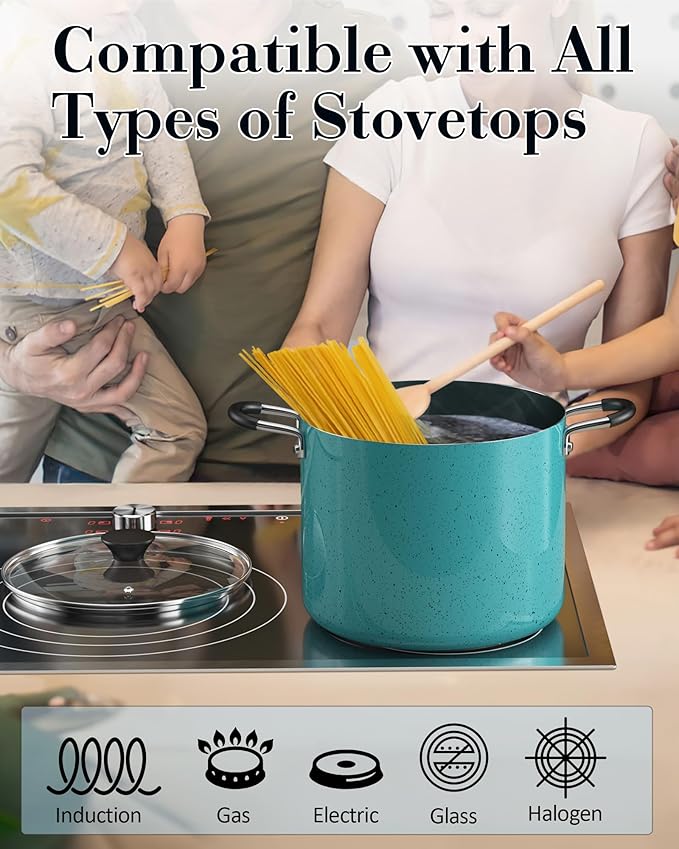 Cook N Home Professional 10.5 Quart Nonstick Stock Pot with Lid, Riveted Handles, Big Soup Pot for Holiday Feasts, Stockpot with Even Heating, Induction Cookware, Oven & Dishwasher Safe, Turquoise