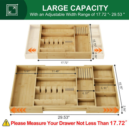 Landmok Bamboo Silverware Drawer Organizer, 17.72-29.53 Inch Expandable Large Kitchen Drawer Organizer, 5-8 Slot Flatware with Removable Card Slots & Knife Block for Spoon Butter Knive, Natural