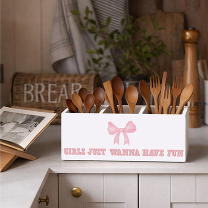 GGED Girls Just Wanna Have Fun Pen Holder, Pink Bow Wooden Desk Organizer, 3 Compartments Pencil Caddy for Office, Home, Classroom