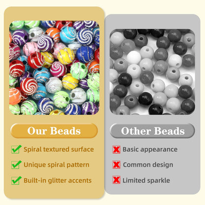 TOBETOPTOOLER 1000PCS 8mm Acrylic Beads for Bracelets,Colorful Round Sparkle Spiral Bead Bulk for DIY Jewelry Keychains Friendship Bracelet Charms Crafts Supplies (Multicolor, Threaded 1000PCS)