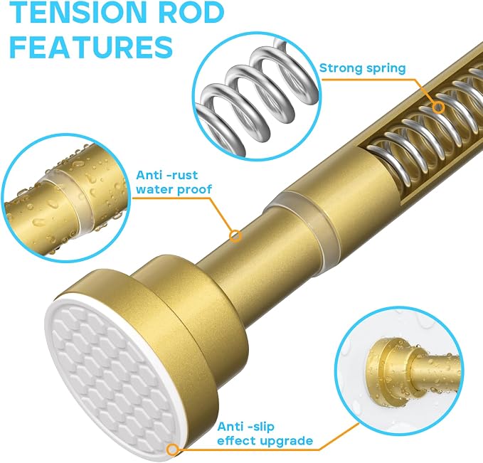 MEXAU Tension Curtain Rod For Window 30-64 Inches Adjustable Expandable Gold Spring Tension Rod Spring Curtain Rods No Drilling Extension Rods Tension Rod for Closet Doorway Kitchen