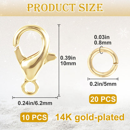 BEIQIYA 30pcs Lobster Claw Clasps & Jump Rings, 14K Gold Plated Metal Lobster Clasps, Jump Rings Jewelry Finding Kit for Necklace Bracelet Jewelry Making