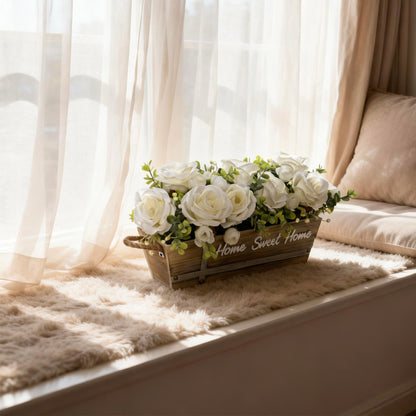 ANMAYNICE Artificial Rose Flower Arrangement with Eucalyptus in Wooden Planter, Faux Flowers Farmhouse Table Centerpiece, “Home Sweet Home” Rustic Home Décor, White