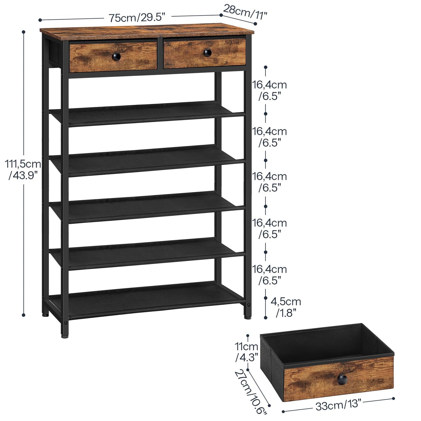 HOOBRO Shoe Rack, Shoe Storage Organizer with 2 Non-Woven Drawers, Shoe Shelf with Wooden Top, Closet, Rustic Brown BF12-79XJ01