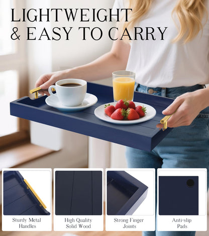 SXNOWS Coffee Table Tray - Large Ottoman Tray for Living Room - Wood Serving Tray with 2 Sets of Handles - Wooden Trays for Coffee Tables, 4 Round Coasters Included, Deep Blue