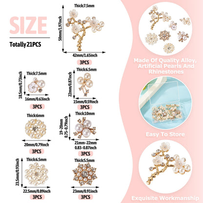 Craftdady 21 PCS Faux Pearl Rhinestone Flower Buttons Pearl Rhinestone Buttons Alloy Floral Embellishments Brooch for Crafts Jewelry Making DIY Wedding Decorations Clothes Bags Shoes Supplies