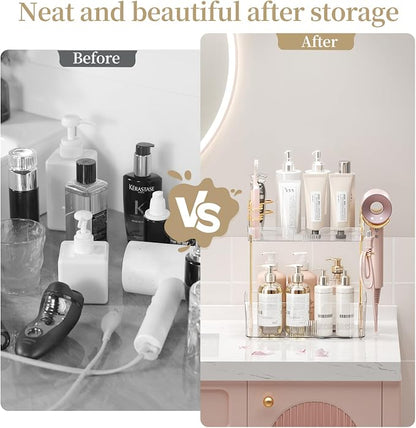 shuang qing 2 Tier Bathroom Counter Organizer with Hair Dryer Holder, Hair Tool Countertop Storage, Cosmetics Skincare Shelf Organizer, Makeup Organizer Perfume for Dresser Vanity Tray - White