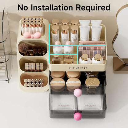 UFORU Makeup Organizer for Vanity with Brush Holder, Large Capacity Bathroom Countertop Skincare Organizer with 2 Drawers, Cosmetic Display Case for Perfumes, Eyeshadow Palettes, Nail Polishes