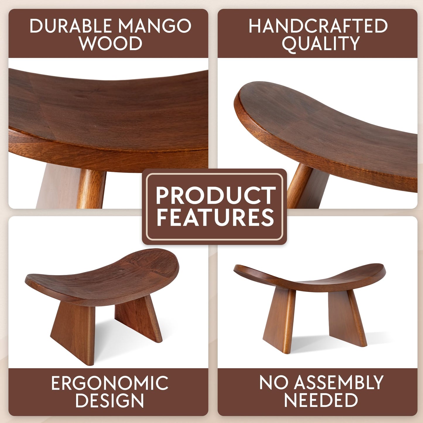 Vesoda Wood Meditation Ergonomic Kneeling Bench - 16.5" x 8.3" x 7.1" Yoga, Prayer, Meditation Bench - Meditation Stool Made of Strong and Durable Mango Wood - Indoor Outdoor Meditation Seat