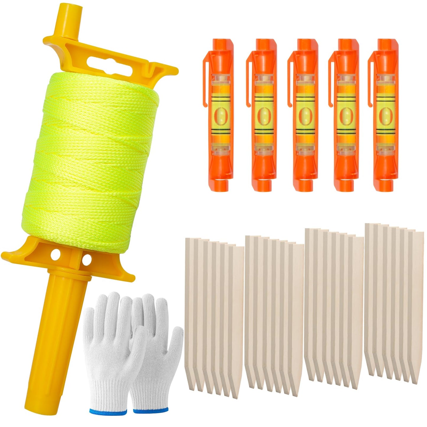Fluorescent Green Construction String Line Kit: 24 Pcs 12" Wooden Garden Stakes, #18 560ft Mason Line with Handle, 5 String Levels, 2 Pairs Work Gloves | for Outdoor DIY, Landscaping, Yard & Fence