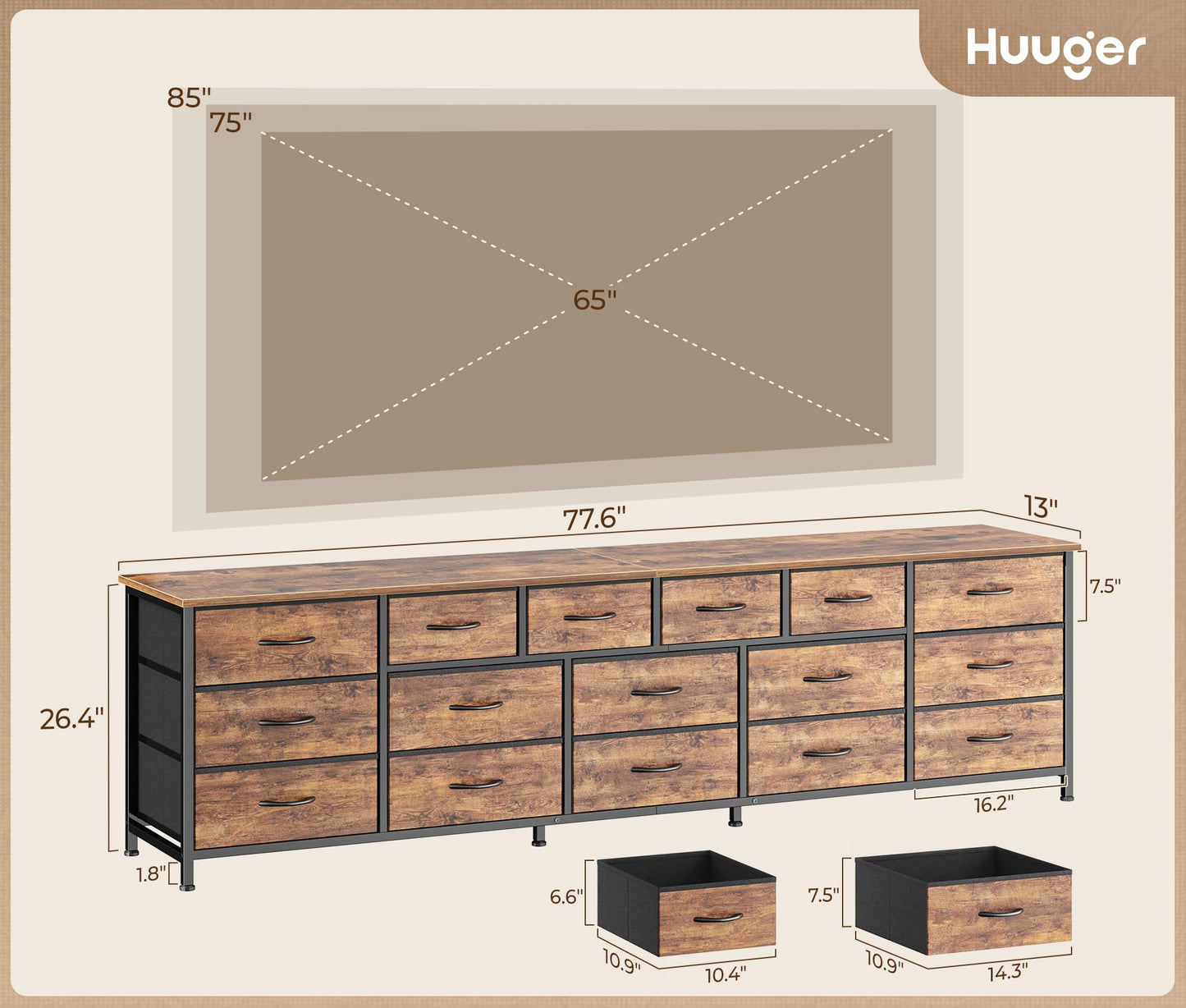 Huuger 77.6" Long Dresser for Bedroom, 16 Drawer Fabric Dresser for Closet, Wide Chest of Drawers with Storage, TV Stand for 65, 75, 85 Inch TV, 77.6" W x 13" D x 26.4" H, Rustic Brown