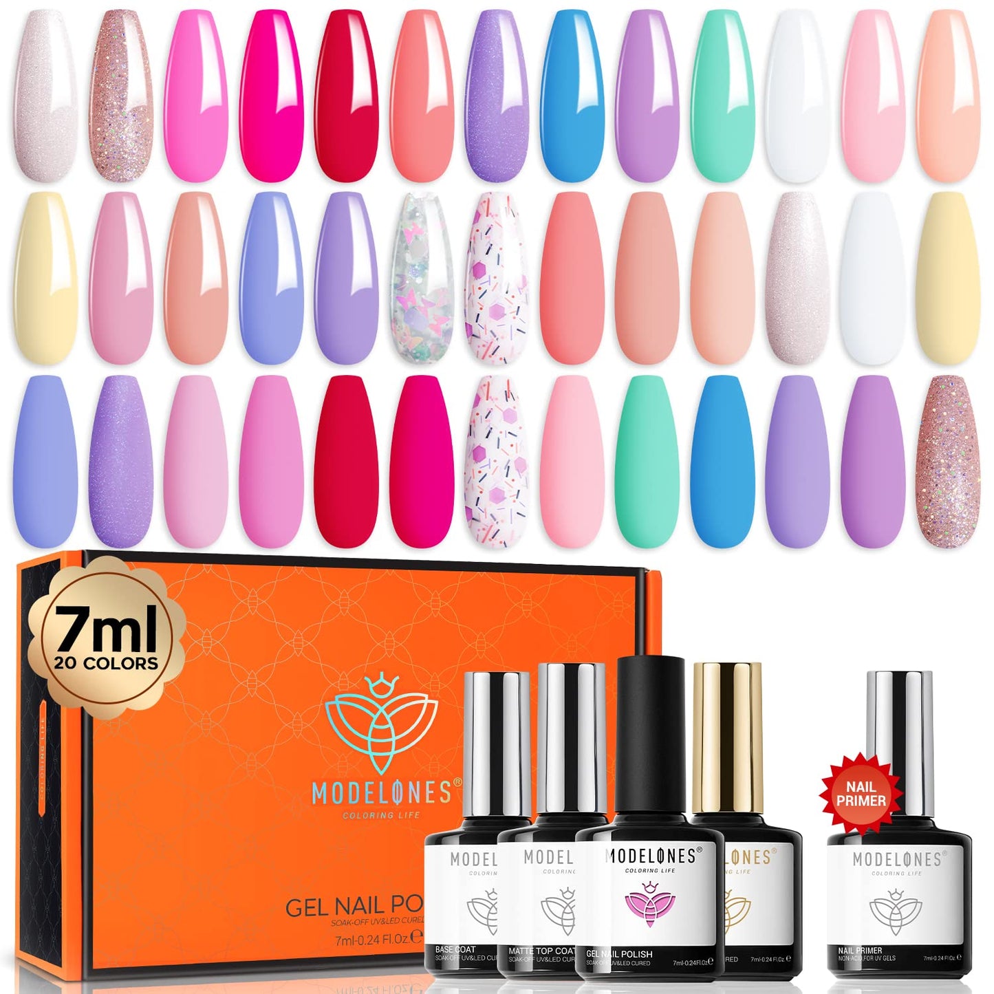 modelones 24PCS Gel Nail Polish Set, Fall Winter Cat Eye Shimmer Gel Polish Kit Soak Off with Glitter, Glossy and Matte Top Base Coat DIY Manicure at Home